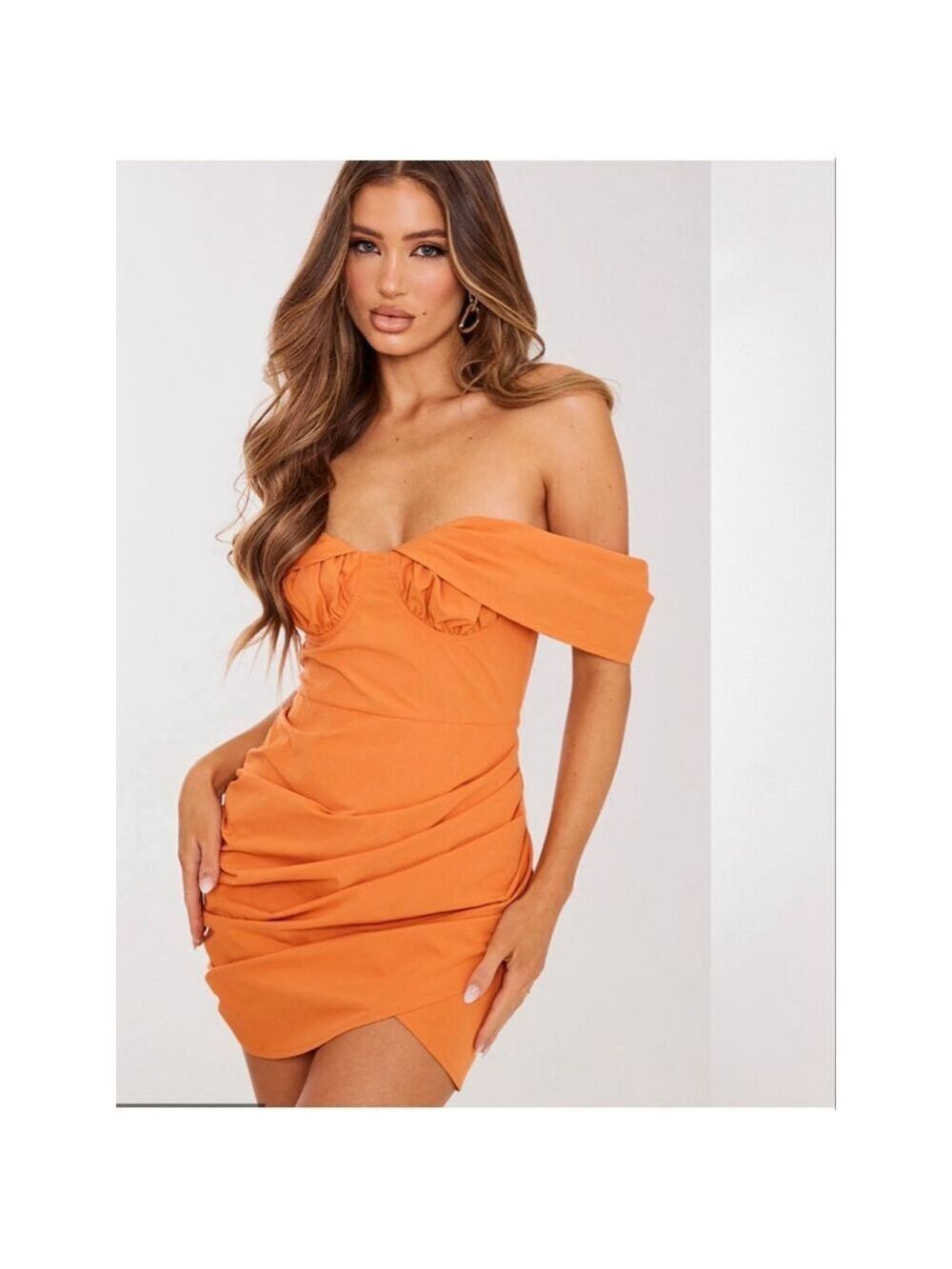 PrettyLittleThing Orange Bardot Ruched Cup Pleated Bodycon Dress – Size 14 NWT